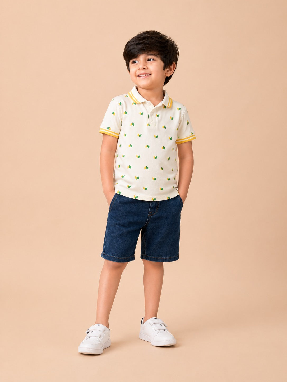 Boys White Printed Polo