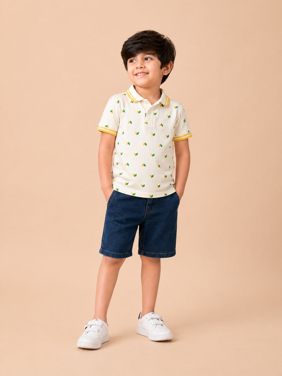 Boys White Printed Polo
